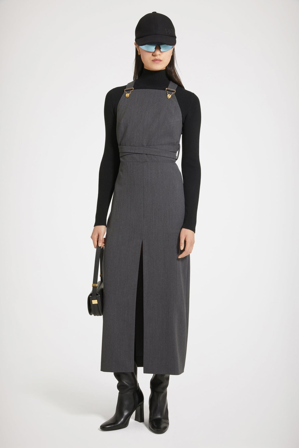 Patou - Dungaree midi dress in technical wool twill